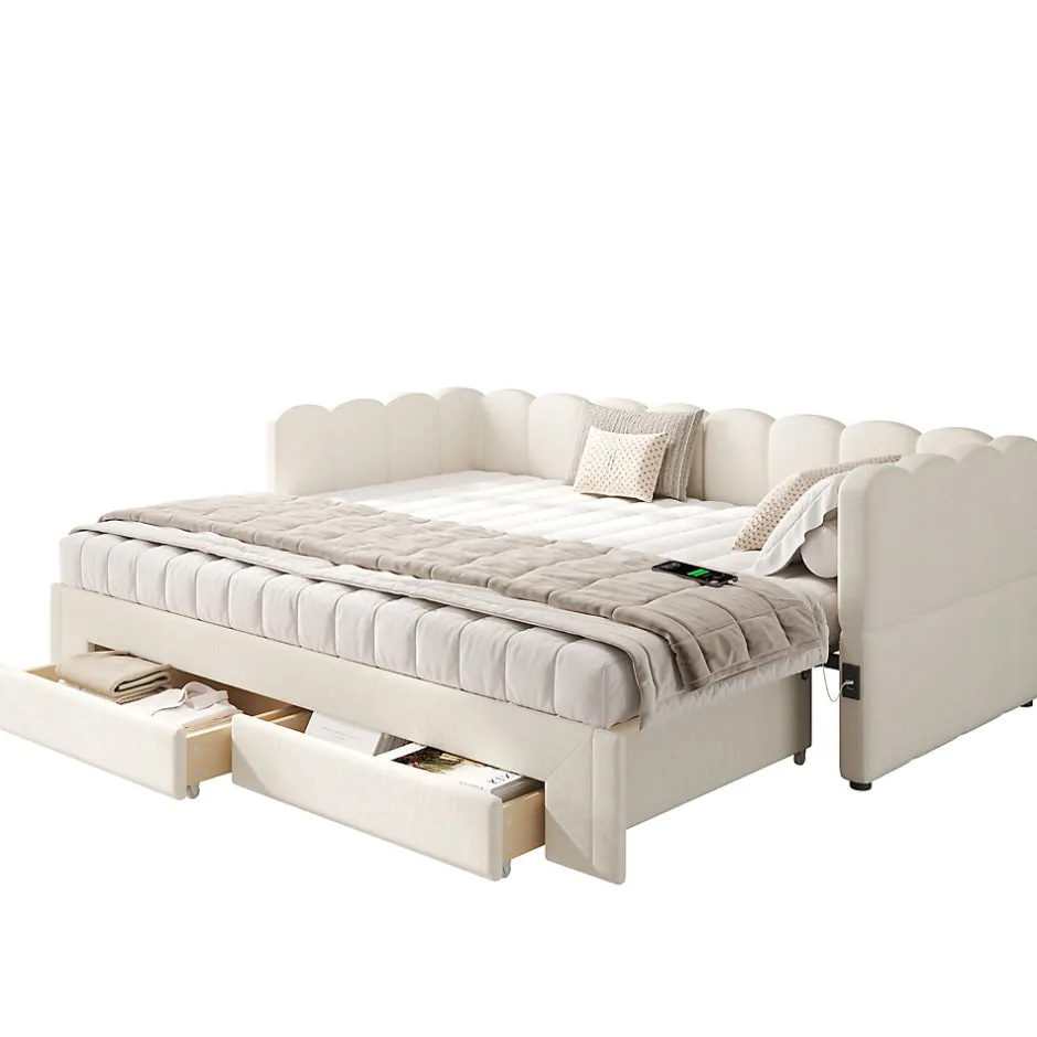 ModernLuxe Canapé-lit capitonné 90x200cm - lit gigogne - 2 tiroirs - port USB - tissu chenille - beige (matelas non inclus)