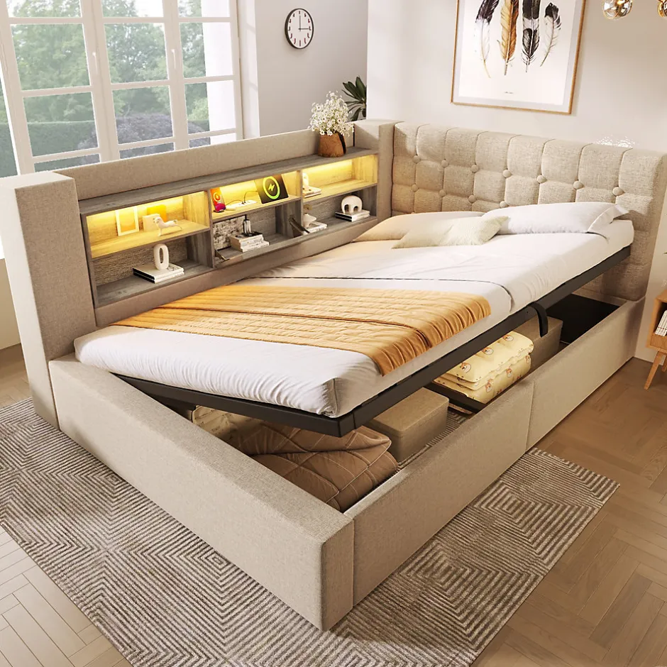 ModernLuxe Canapé-lit coffre 140x190cm - avec LED et port de chargement - avec sommier à lattes - tissu de lin - beige (sans matelas)