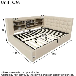 ModernLuxe Canapé-lit coffre 140x190cm - avec LED et port de chargement - avec sommier à lattes - tissu de lin - beige (sans matelas)