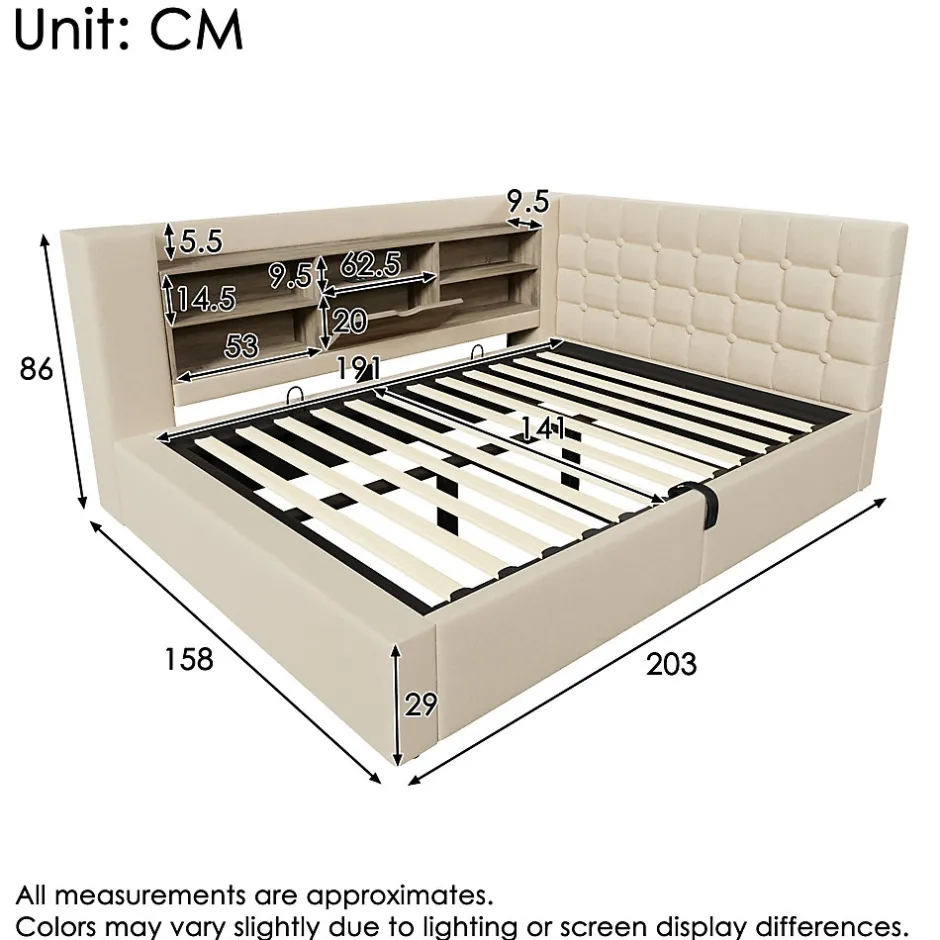 ModernLuxe Canapé-lit coffre 140x190cm - avec LED et port de chargement - avec sommier à lattes - tissu de lin - beige (sans matelas)