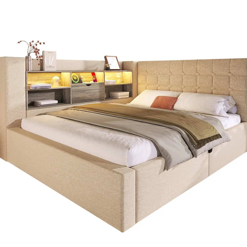 ModernLuxe Canapé-lit coffre 140x190cm - avec LED et port de chargement - avec sommier à lattes - tissu de lin - beige (sans matelas)
