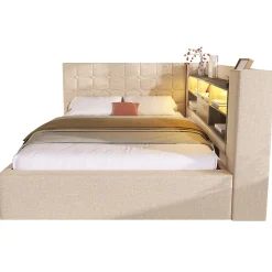 ModernLuxe Canapé-lit coffre 140x190cm - avec LED et port de chargement - avec sommier à lattes - tissu de lin - beige (sans matelas)