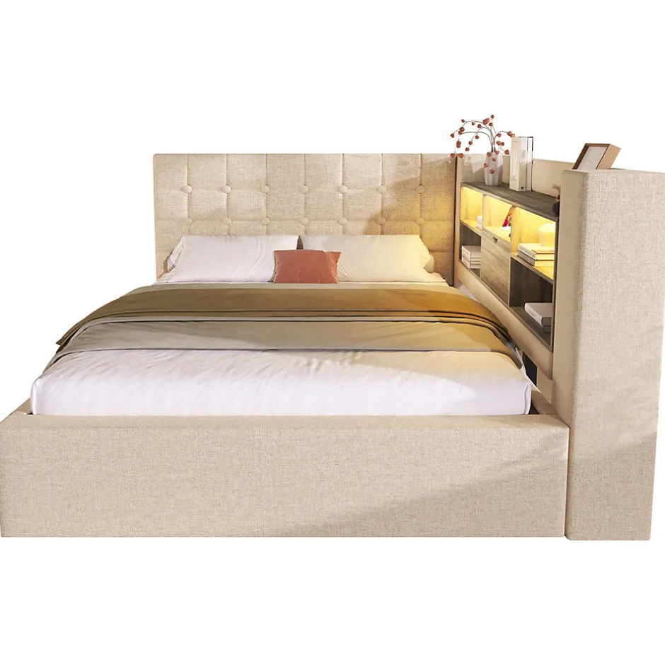 ModernLuxe Canapé-lit coffre 140x190cm - avec LED et port de chargement - avec sommier à lattes - tissu de lin - beige (sans matelas)