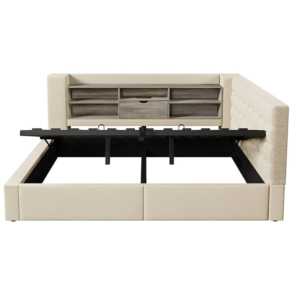 ModernLuxe Canapé-lit coffre 140x190cm - avec LED et port de chargement - avec sommier à lattes - tissu de lin - beige (sans matelas)