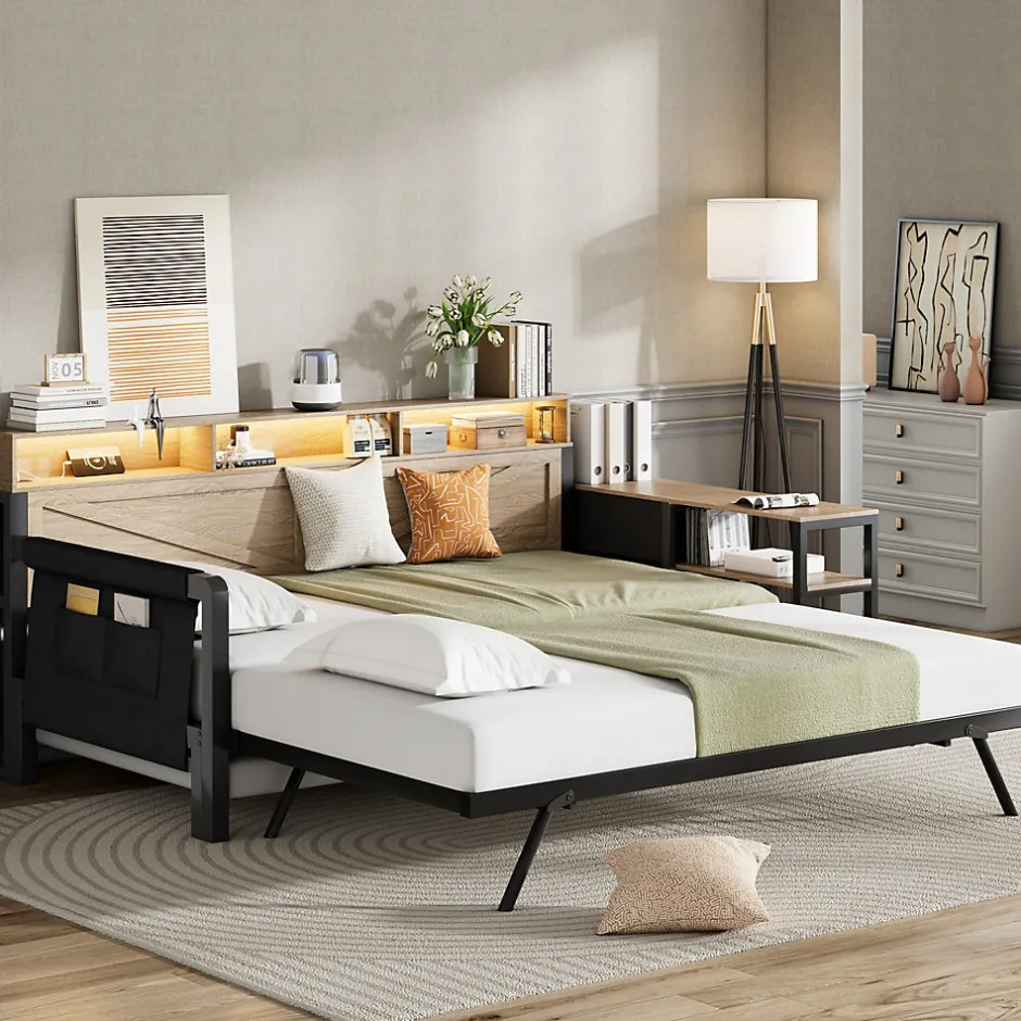 ModernLuxe Canapé-lit en métal 90x200cm - Avec lit gigogne - 3 tiroirs et 3 étagères - LED et port USB - Noir (sans matelas)