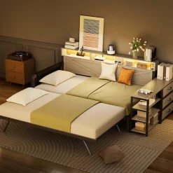 ModernLuxe Canapé-lit en métal 90x200cm - Avec lit gigogne - 3 tiroirs et 3 étagères - LED et port USB - Noir (sans matelas)
