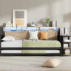 ModernLuxe Canapé-lit en métal 90x200cm - Avec lit gigogne - 3 tiroirs et 3 étagères - LED et port USB - Noir (sans matelas)