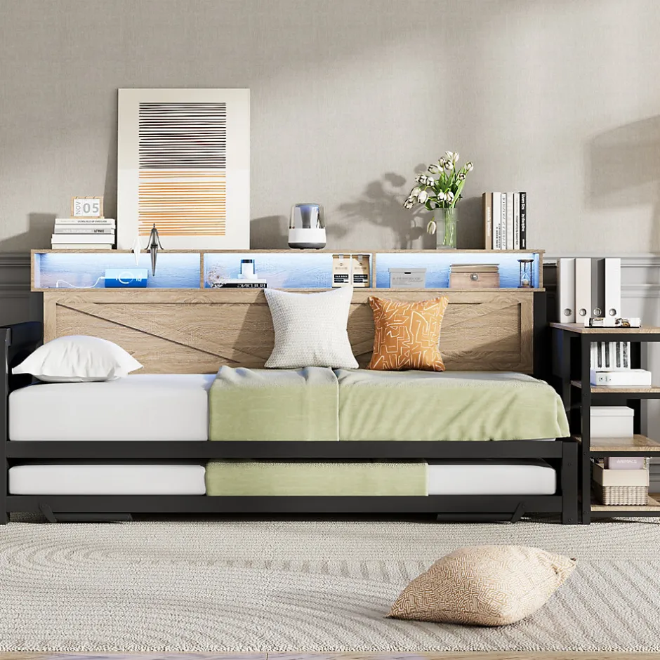 ModernLuxe Canapé-lit en métal 90x200cm - Avec lit gigogne - 3 tiroirs et 3 étagères - LED et port USB - Noir (sans matelas)