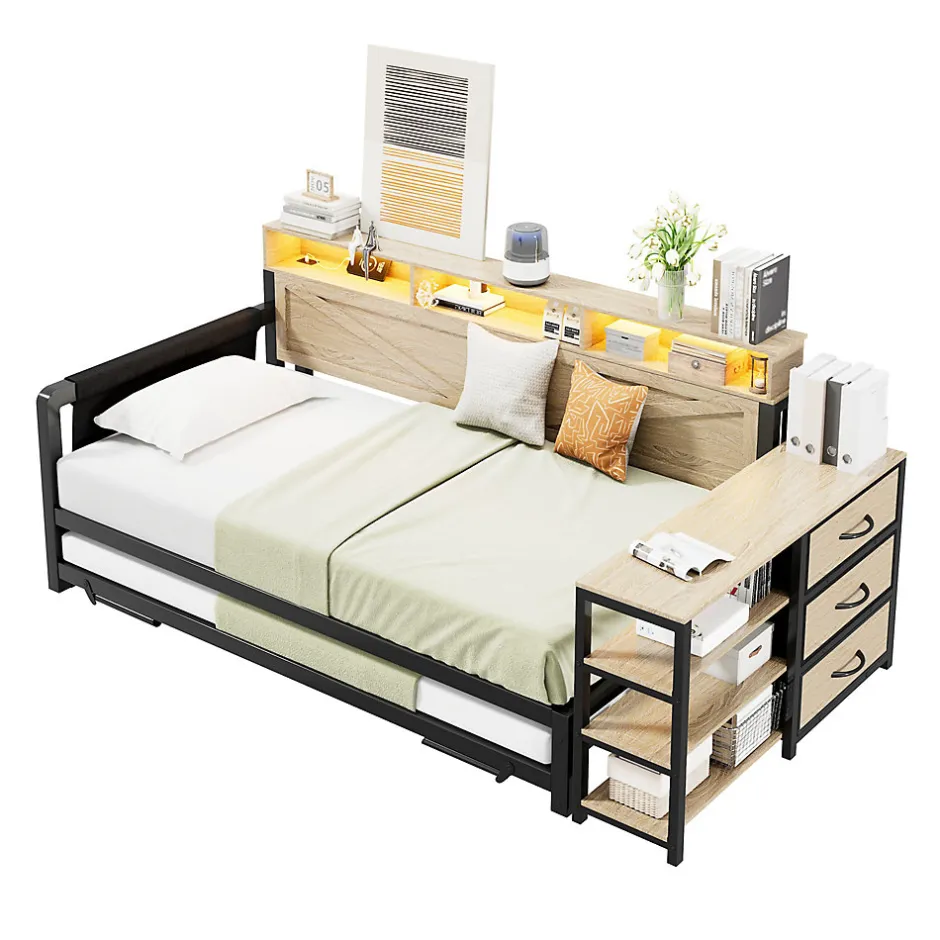 ModernLuxe Canapé-lit en métal 90x200cm - Avec lit gigogne - 3 tiroirs et 3 étagères - LED et port USB - Noir (sans matelas)