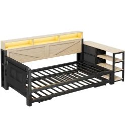 ModernLuxe Canapé-lit en métal 90x200cm - Avec lit gigogne - 3 tiroirs et 3 étagères - LED et port USB - Noir (sans matelas)