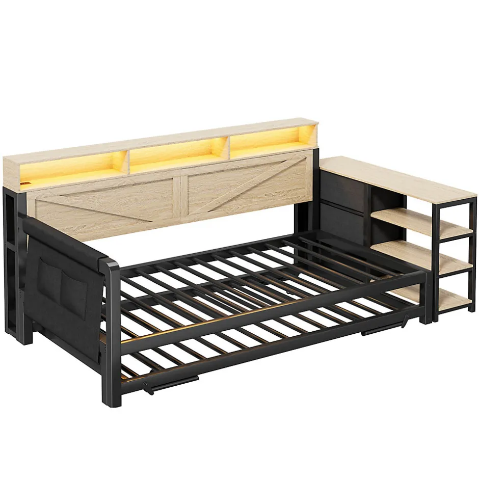 ModernLuxe Canapé-lit en métal 90x200cm - Avec lit gigogne - 3 tiroirs et 3 étagères - LED et port USB - Noir (sans matelas)