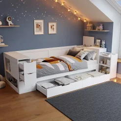 ModernLuxe Canapé-lit enfant 90x190 cm - Avec tiroirs, étagères et espace de rangement - MDF - Blanc (sans matelas)