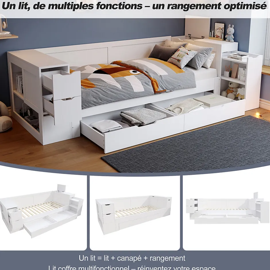 ModernLuxe Canapé-lit enfant 90x190 cm - Avec tiroirs, étagères et espace de rangement - MDF - Blanc (sans matelas)