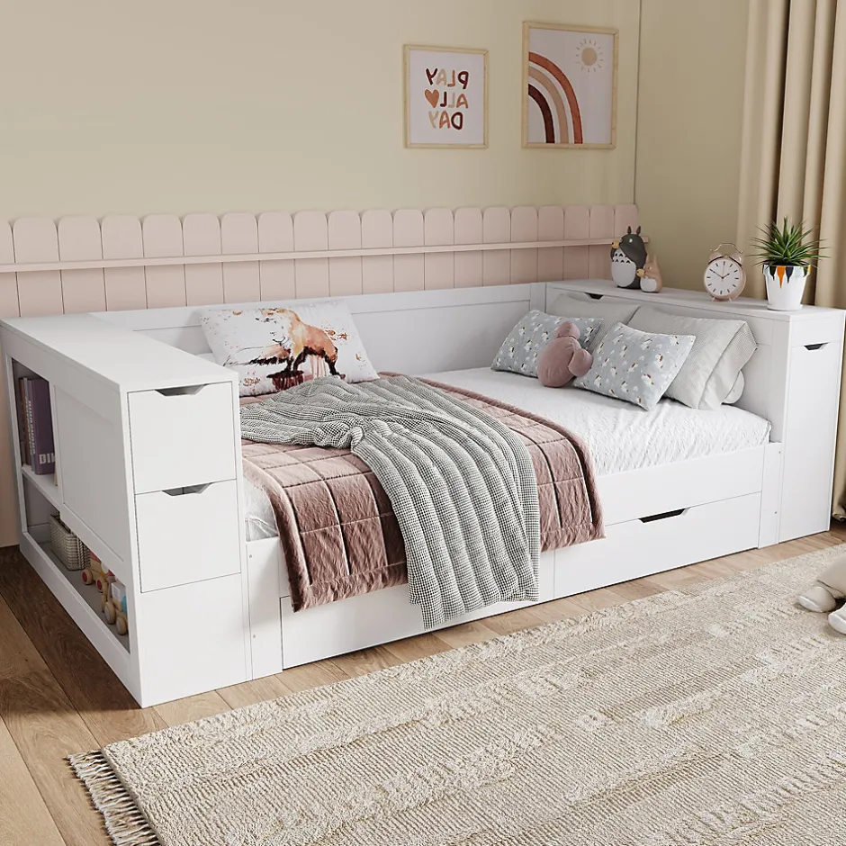 ModernLuxe Canapé-lit enfant 90x190 cm - Avec tiroirs, étagères et espace de rangement - MDF - Blanc (sans matelas)