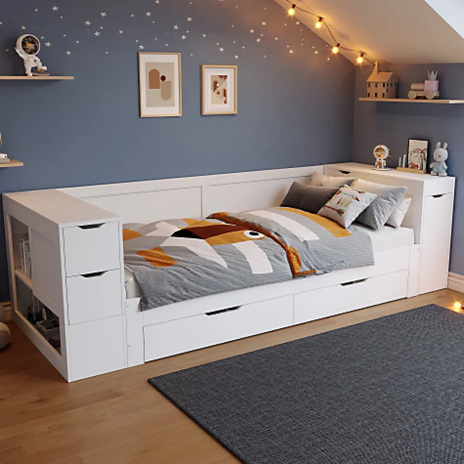 ModernLuxe Canapé-lit enfant 90x190 cm - Avec tiroirs, étagères et espace de rangement - MDF - Blanc (sans matelas)