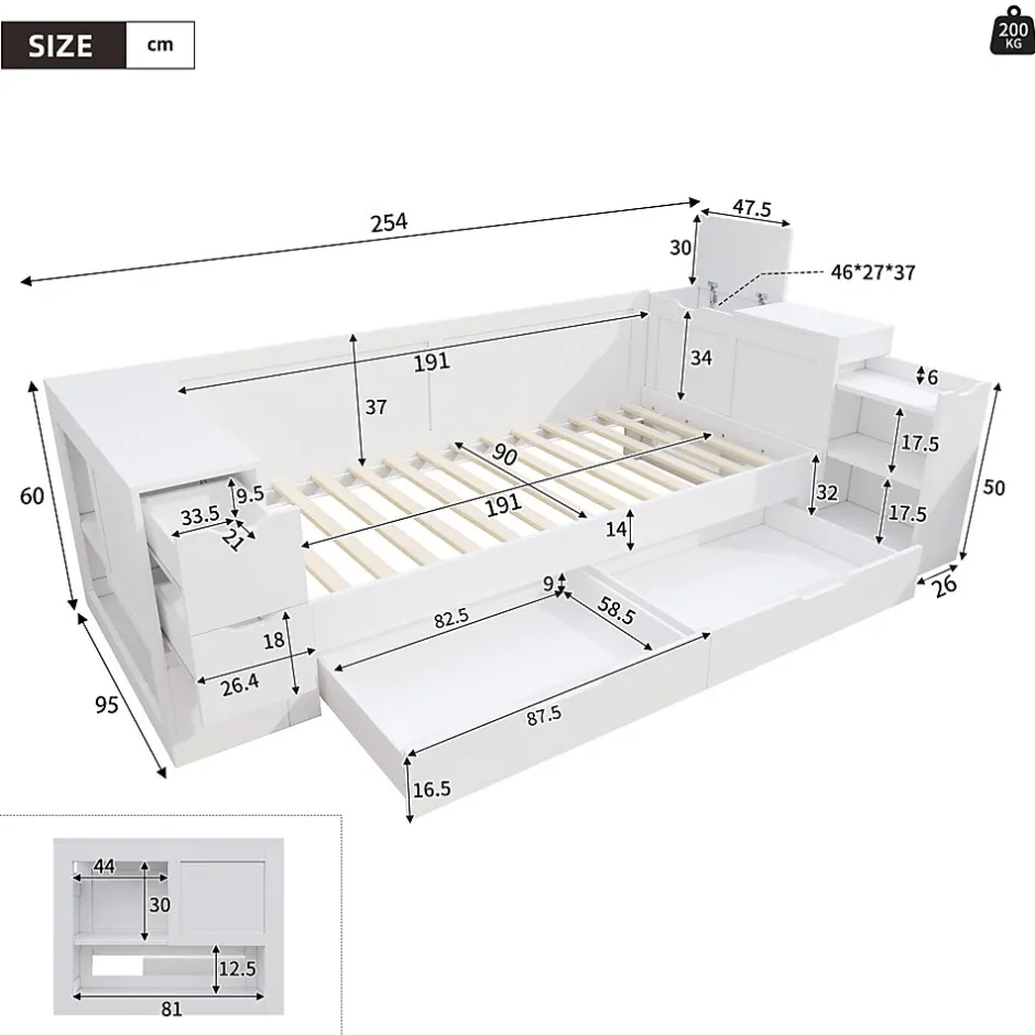 ModernLuxe Canapé-lit enfant 90x190 cm - Avec tiroirs, étagères et espace de rangement - MDF - Blanc (sans matelas)