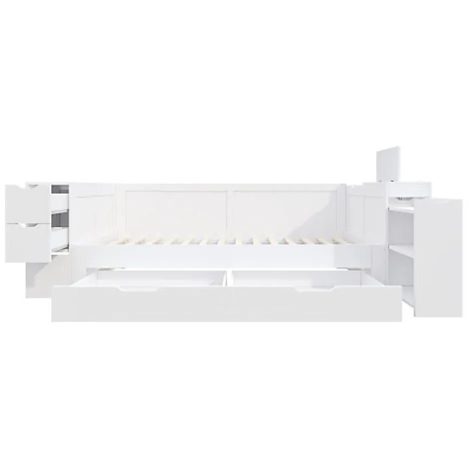 ModernLuxe Canapé-lit enfant 90x190 cm - Avec tiroirs, étagères et espace de rangement - MDF - Blanc (sans matelas)
