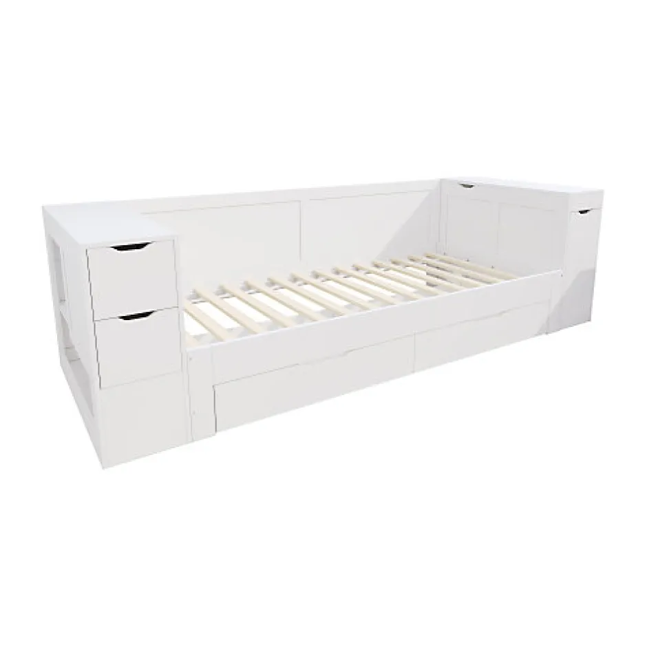 ModernLuxe Canapé-lit enfant 90x190 cm - Avec tiroirs, étagères et espace de rangement - MDF - Blanc (sans matelas)