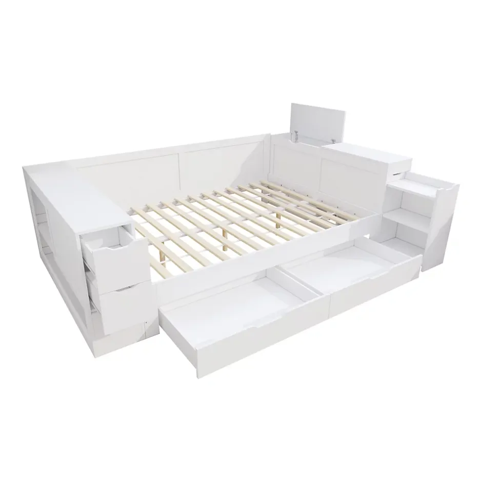 ModernLuxe Canapé-lit enfant 140x190 cm - Avec tiroirs, étagères et espace de rangement - MDF - Blanc (sans matelas) Clearance