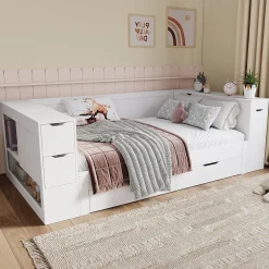 ModernLuxe Canapé-lit enfant 140x190 cm - Avec tiroirs, étagères et espace de rangement - MDF - Blanc (sans matelas) Clearance