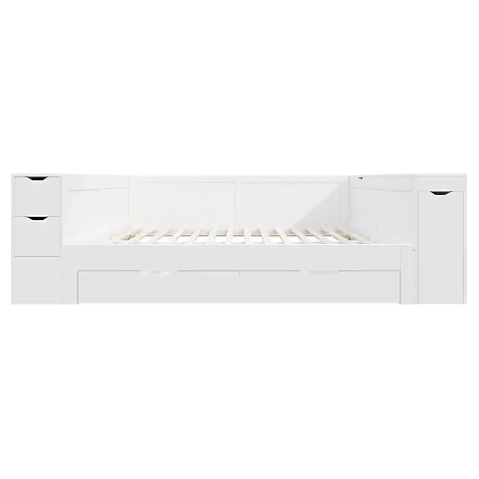 ModernLuxe Canapé-lit enfant 140x190 cm - Avec tiroirs, étagères et espace de rangement - MDF - Blanc (sans matelas) Clearance