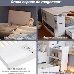 ModernLuxe Canapé-lit enfant 140x190 cm - Avec tiroirs, étagères et espace de rangement - MDF - Blanc (sans matelas) Clearance