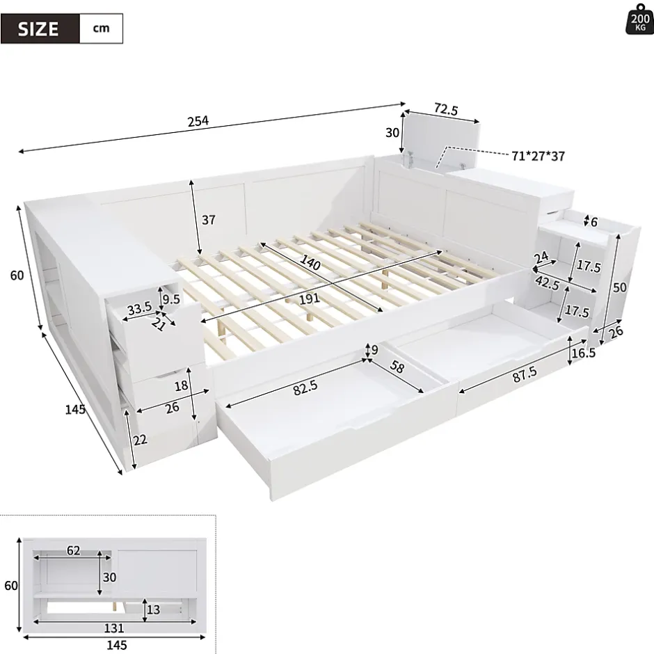 ModernLuxe Canapé-lit enfant 140x190 cm - Avec tiroirs, étagères et espace de rangement - MDF - Blanc (sans matelas) Clearance
