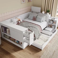 ModernLuxe Canapé-lit enfant 140x190 cm - Avec tiroirs, étagères et espace de rangement - MDF - Blanc (sans matelas) Clearance