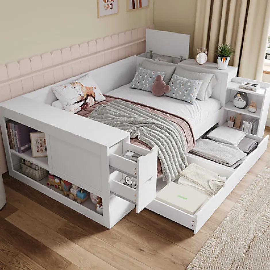 ModernLuxe Canapé-lit enfant 140x190 cm - Avec tiroirs, étagères et espace de rangement - MDF - Blanc (sans matelas) Clearance