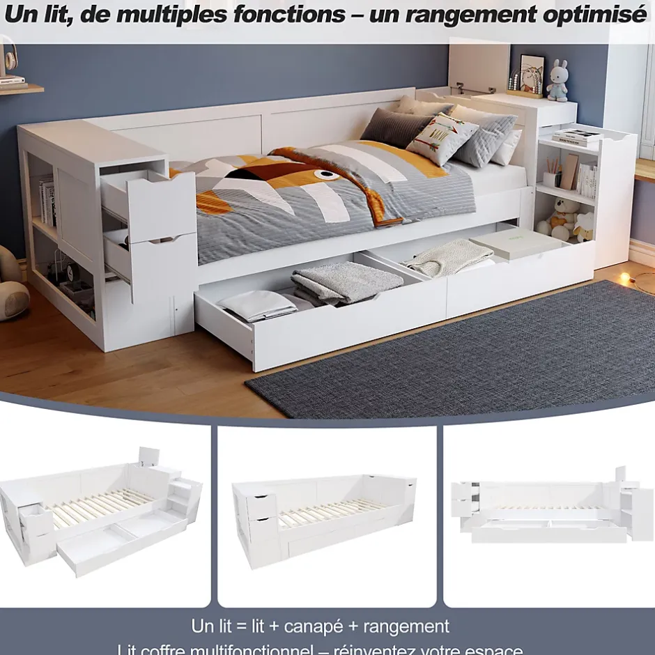 ModernLuxe Canapé-lit enfant 140x190 cm - Avec tiroirs, étagères et espace de rangement - MDF - Blanc (sans matelas) Clearance