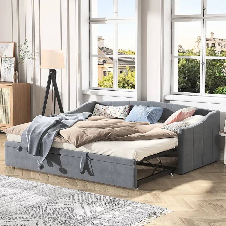 Fortuna lai Canapé-lit, extensible, 140x 200 cm, avec sommier à lattes, tissu en velours, canapé-lit, sans matelas, gris foncé Outlet