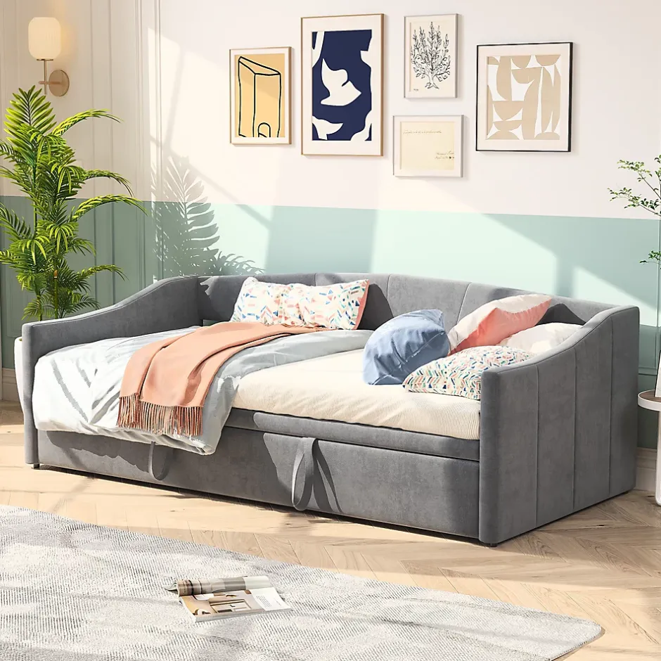 Fortuna lai Canapé-lit, extensible, 140x 200 cm, avec sommier à lattes, tissu en velours, canapé-lit, sans matelas, gris foncé Outlet