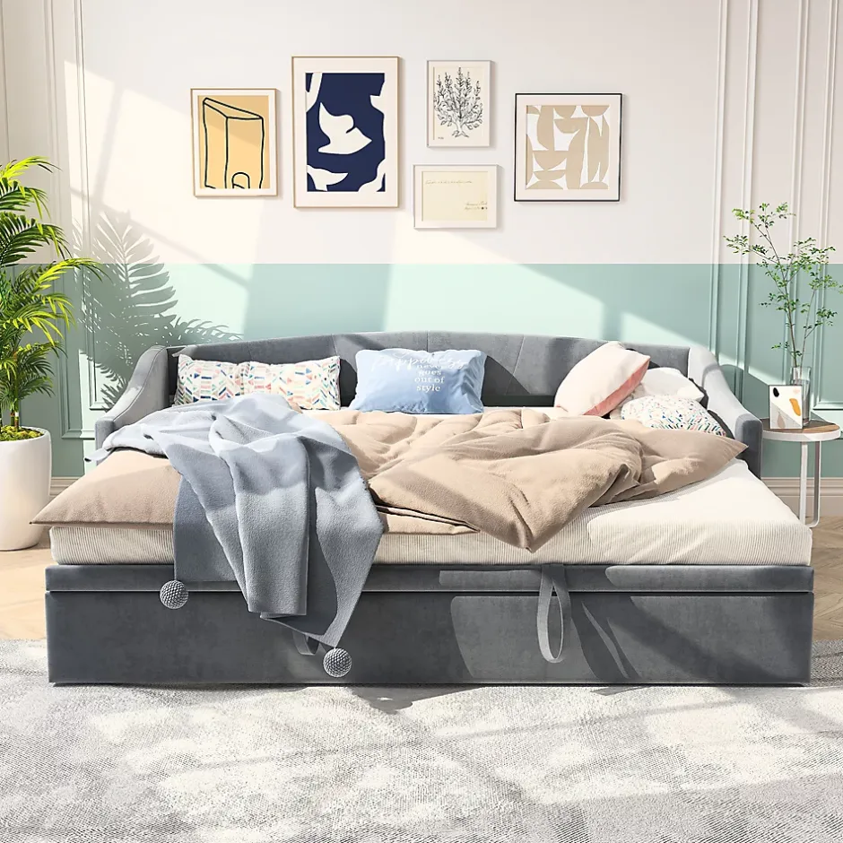 Fortuna lai Canapé-lit, extensible, 140x 200 cm, avec sommier à lattes, tissu en velours, canapé-lit, sans matelas, gris foncé Outlet