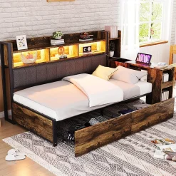 Blackcolors Canapé-lit fer 90x200 cm, rangement, LED, tiroirs, bureau coulissant - couleur bois