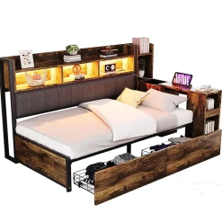 Blackcolors Canapé-lit fer 90x200 cm, rangement, LED, tiroirs, bureau coulissant - couleur bois