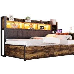 Blackcolors Canapé-lit fer 90x200 cm, rangement, LED, tiroirs, bureau coulissant - couleur bois