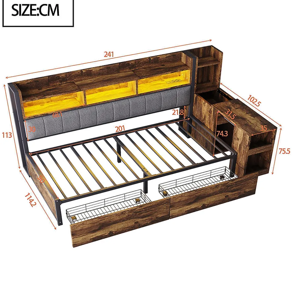 Blackcolors Canapé-lit fer 90x200 cm, rangement, LED, tiroirs, bureau coulissant - couleur bois