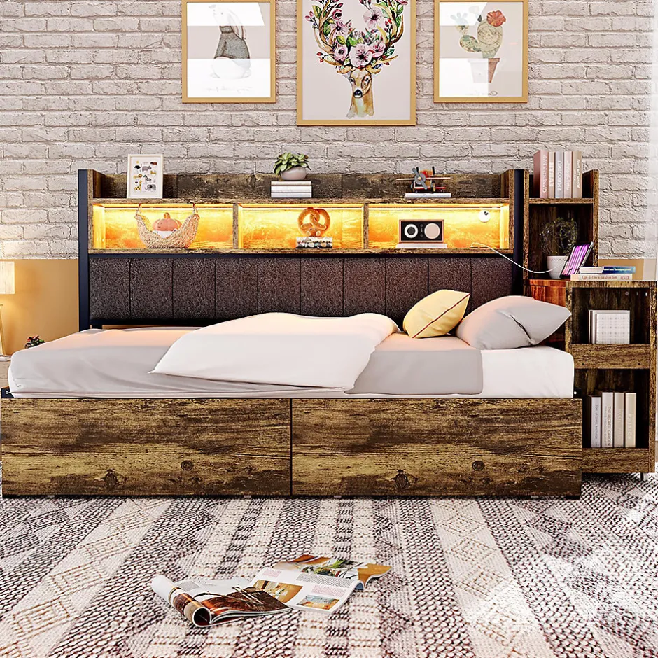 Blackcolors Canapé-lit fer 90x200 cm, rangement, LED, tiroirs, bureau coulissant - couleur bois