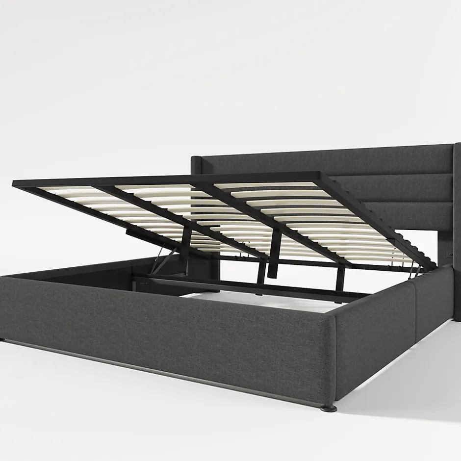 Redom Canapé-lit 180x200 cm avec coffre de rangement hydraulique en tissu lin gris et tête de lit capitonnée