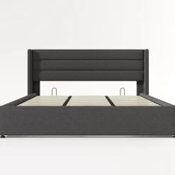 Redom Canapé-lit 180x200 cm avec coffre de rangement hydraulique en tissu lin gris et tête de lit capitonnée