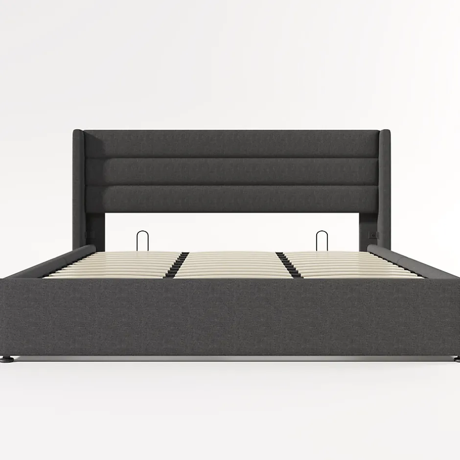 Redom Canapé-lit 180x200 cm avec coffre de rangement hydraulique en tissu lin gris et tête de lit capitonnée