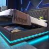 Redom Canapé-lit 160x200 cm avec coffre de rangement hydraulique, LED 3 côtés et tête de lit en PU noir New