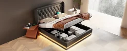 Redom Canapé-lit 160x200 cm avec coffre de rangement hydraulique, LED 3 côtés et tête de lit en PU noir New