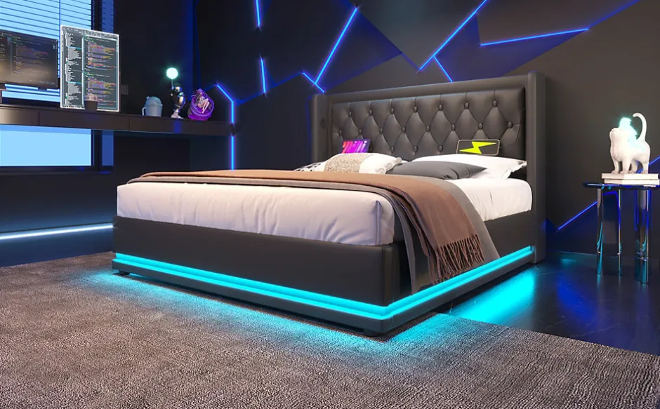 Redom Canapé-lit 160x200 cm avec coffre de rangement hydraulique, LED 3 côtés et tête de lit en PU noir New