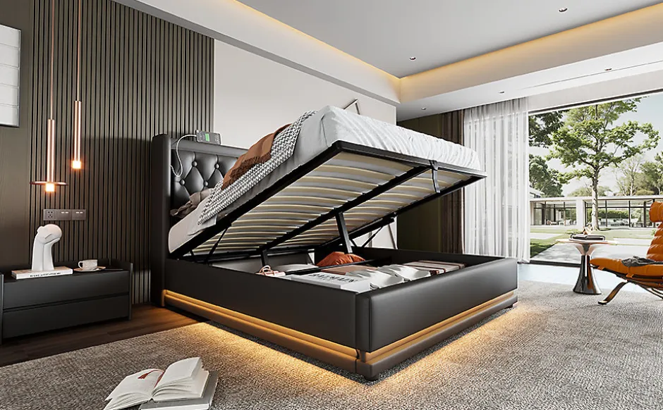 Redom Canapé-lit 160x200 cm avec coffre de rangement hydraulique, LED 3 côtés et tête de lit en PU noir New