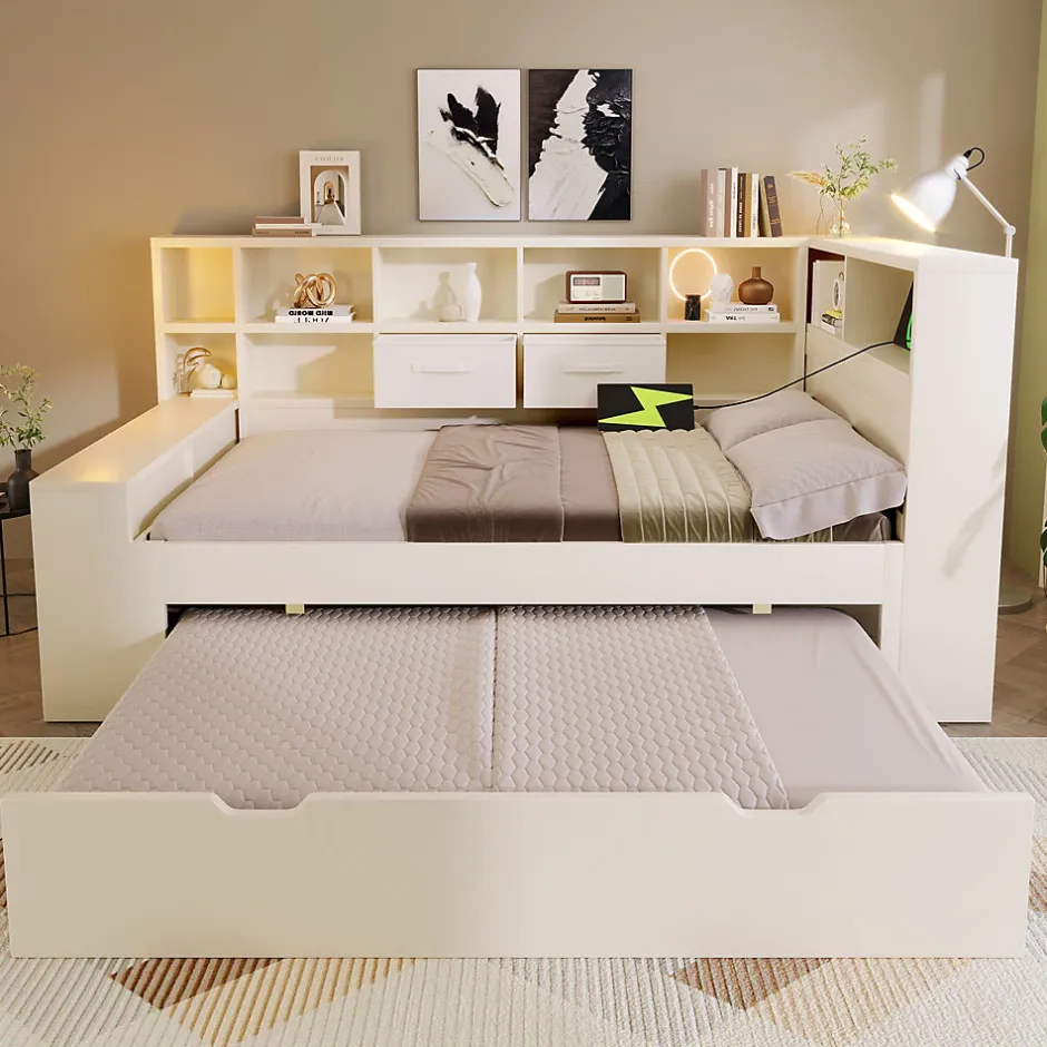 ModernLuxe Canapé-lit 90x190 cm avec lit gigogne - USB/Type-C - rangement - bois massif + panneaux - blanc (sans matelas)