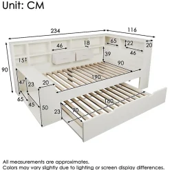 ModernLuxe Canapé-lit 90x190 cm avec lit gigogne - USB/Type-C - rangement - bois massif + panneaux - blanc (sans matelas)