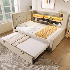 ModernLuxe Canapé-lit 90x200 cm avec lit gigogne - LED + rangement - USB - tissu lin - beige (sans matelas)