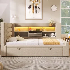 ModernLuxe Canapé-lit 90x200 cm avec lit gigogne - LED + rangement - USB - tissu lin - beige (sans matelas)