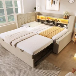 ModernLuxe Canapé-lit 90x200 cm avec lit gigogne - LED + rangement - USB - tissu lin - beige (sans matelas)